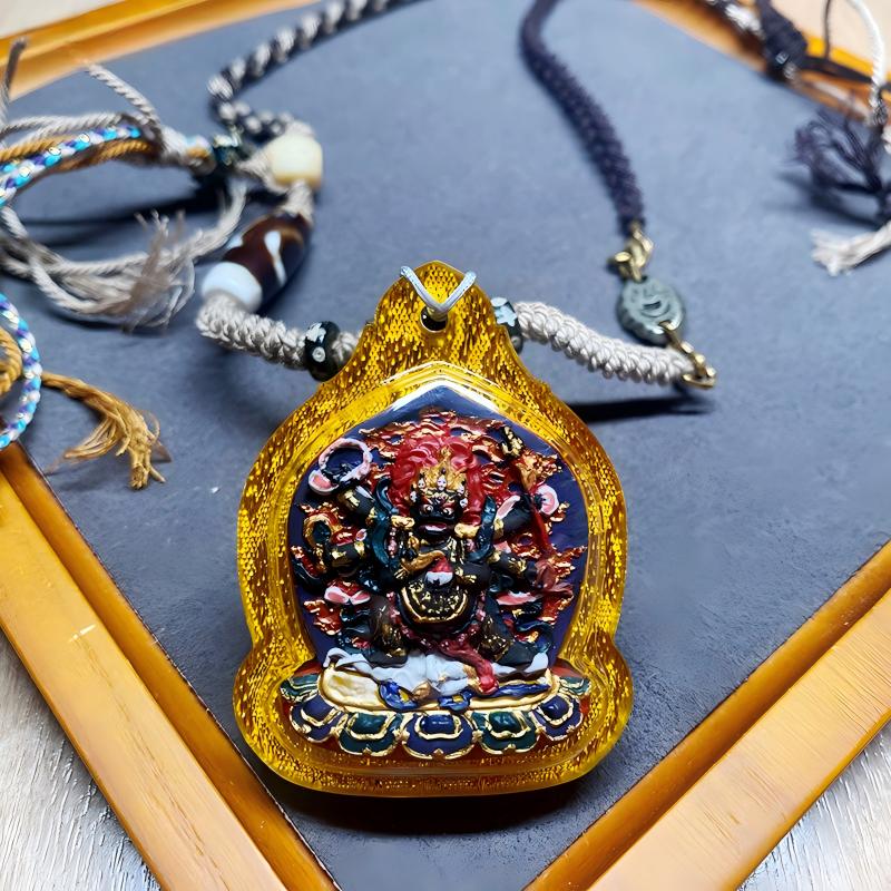 Tibetan Buddhist Jewelry Culture handcrafted Mahakala thangka amulet pendant, Six-Armed Mahakala jewelry art created for spiritual grounding and mindful living