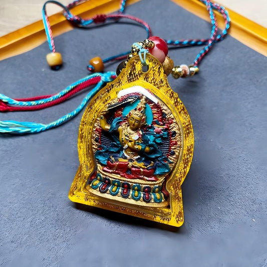 Tibetan Buddhist Jewelry Culture Manjushri medicine tsatsa pendant, hand-painted amulet jewelry art providing wisdom, blessings, and daily spiritual protection