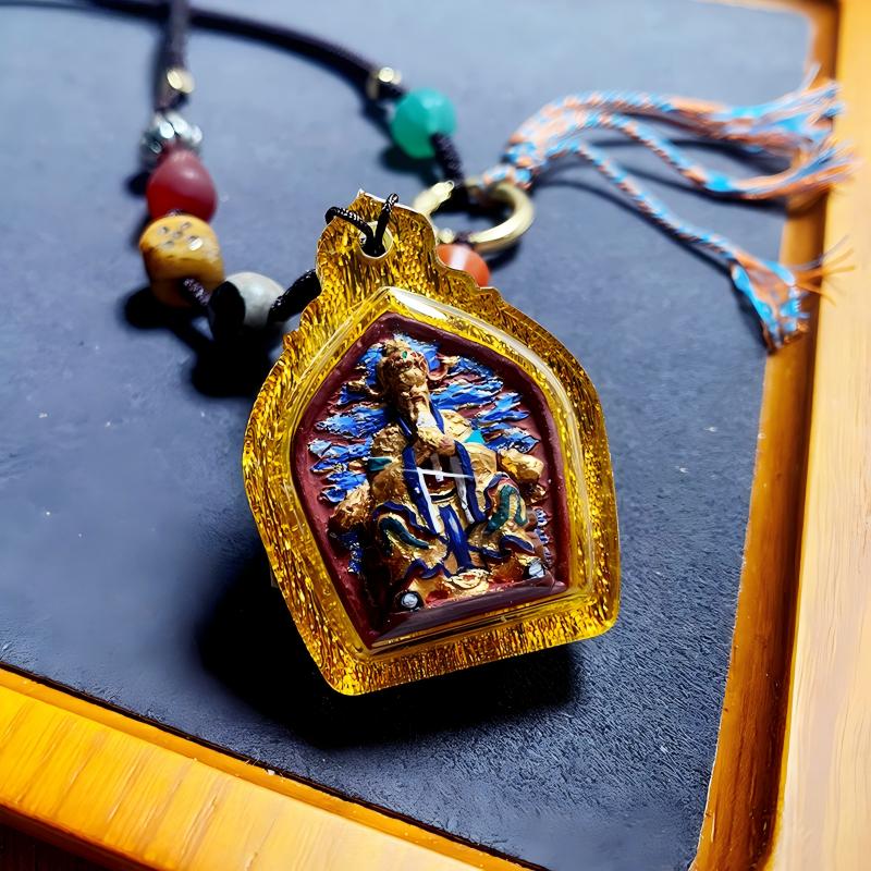 Tibetan Buddhist Jewelry Culture handcrafted Dragon Wuye thangka amulet pendant, miniature tsatsa jewelry art designed for spiritual protection and inner strength