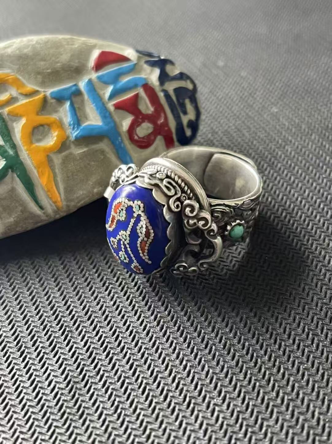 Artisan-crafted 925 silver lapis lazuli ring, a masterpiece of Tibetan Buddhist Jewelry Culture with hand-painted royal palace jewelry art details.