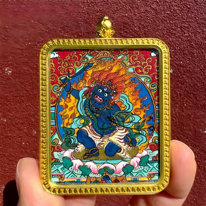 Tibetan zodiac protector Buddha Thangka necklace pendant, featuring Yellow Jambhala, Green Tara, Amitabha, and Acala, a sacred and decorative Tibetan jewelry art piece.