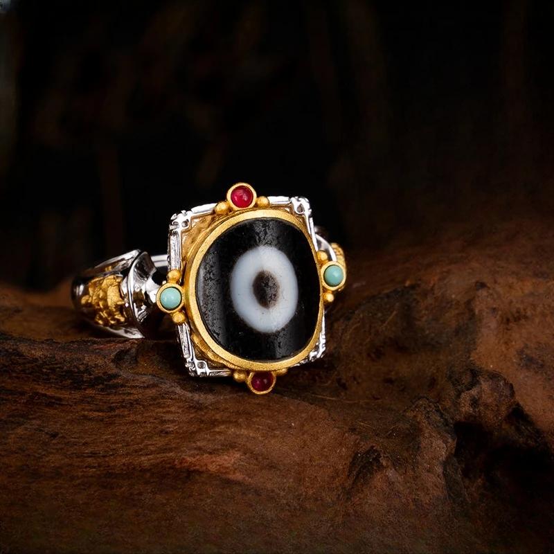 Pure handmade silver One-Eye Umbrella ring reflecting Tibetan Buddhist Jewelry Culture, highlighting exquisite jewelry art craftsmanship and auspicious symbolism.