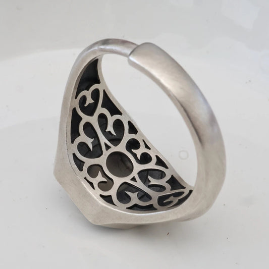 Hand-painted silver classic bead One-Eye ring inspired by Tibetan Buddhist Jewelry Culture, a unique jewelry art piece symbolizing wisdom and protection.