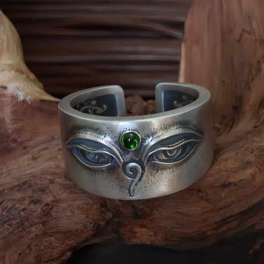 Hand-carved silver Green Tara Eye ring from Tibetan Buddhist Jewelry Culture, showcasing exquisite jewelry art craftsmanship.