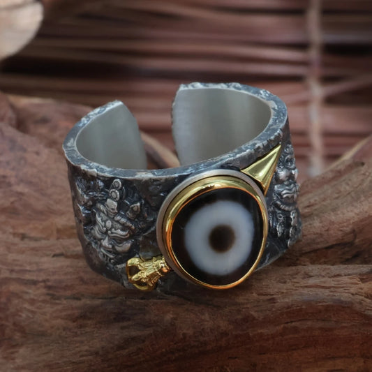 Hand-carved silver three-dimensional Phurba ring from Tibetan Buddhist Jewelry Culture, showcasing exquisite jewelry art craftsmanship.