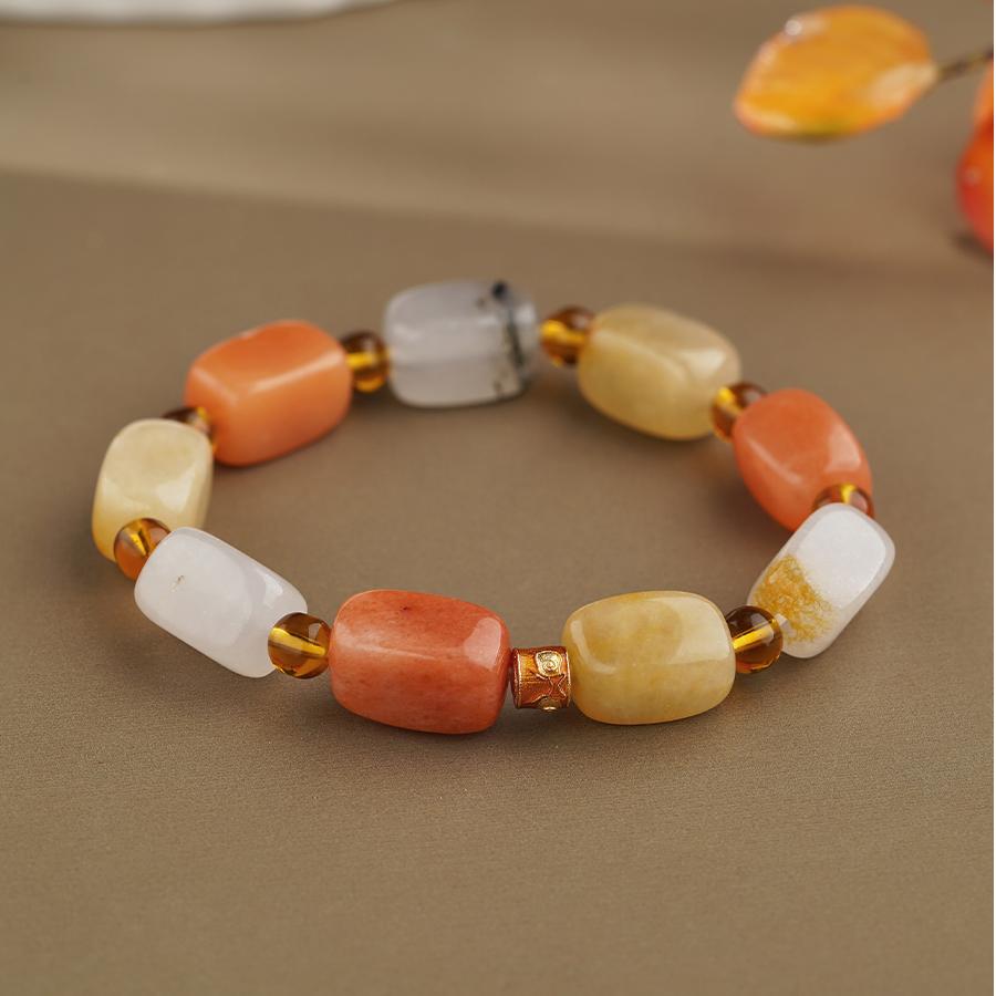 The Square Quartzite Jade Bracelet Variant B displays a unique arrangement of handmade jade beads. This artisan jewelry art collection piece combines traditional craftsmanship with contemporary design.