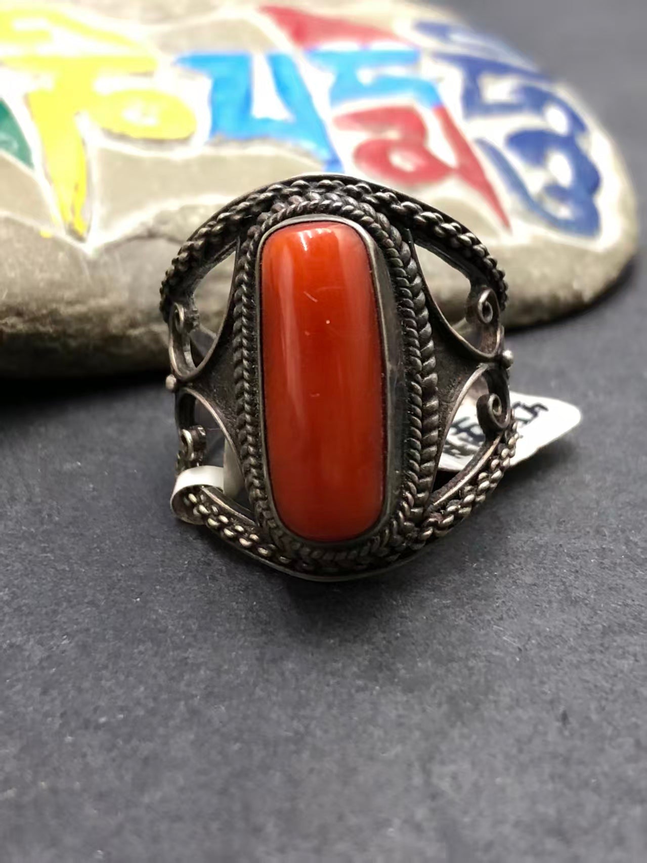 Vintage style Tibetan Buddhist Jewelry Culture accessory, featuring a hand-painted red resin 925 silver ring with expert jewelry art finish.