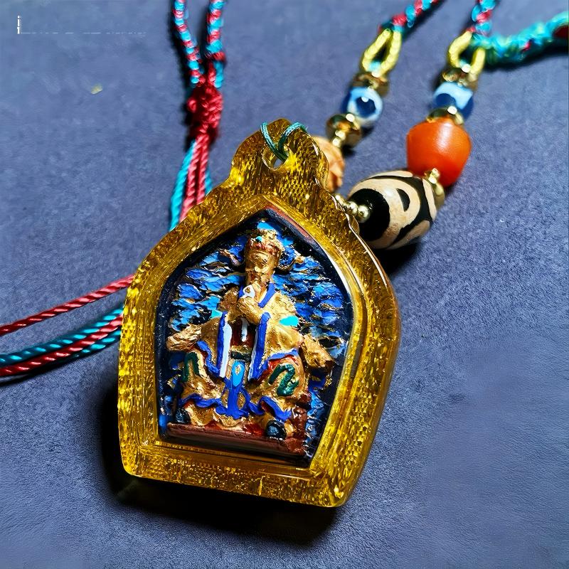 Tibetan Buddhist Jewelry Culture Wuye medicine tsatsa pendant, hand-painted Dragon Wuye amulet jewelry art offering protection, courage, and mindful energy