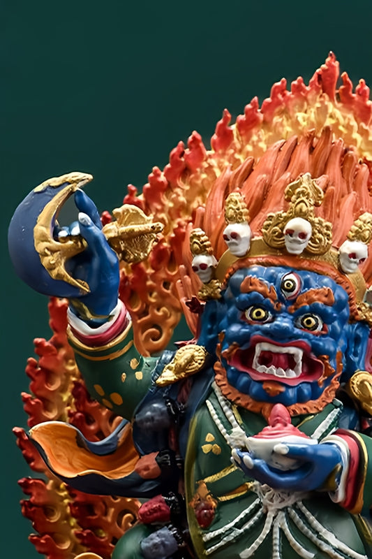 Handmade tibetan-buddhist Kagyu Dharma Protector statue, copper with mineral pigments, authentic tibetan Buddha art.