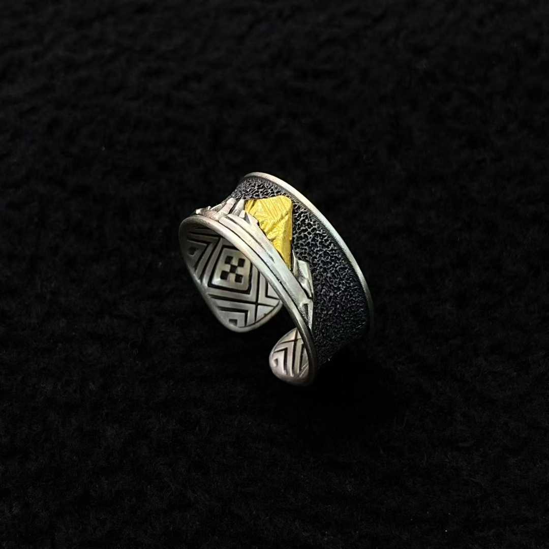 Sacred Tibetan Kailash ring, crafted from 925 silver and gold inlay, handmade jewelry.