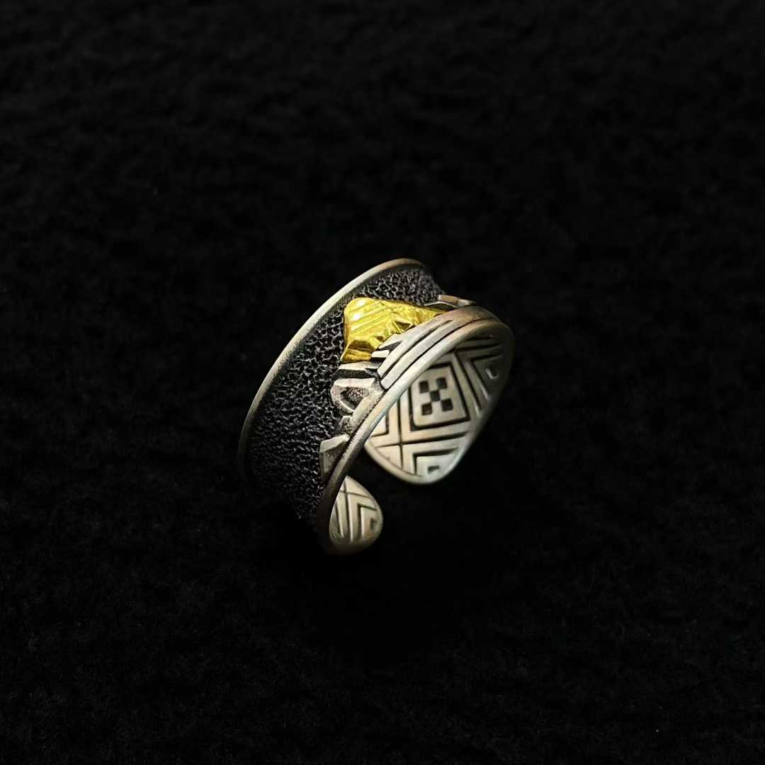 Tibetan Buddhist Kailash ring, gold and silver inlaid, sacred protection jewelry.