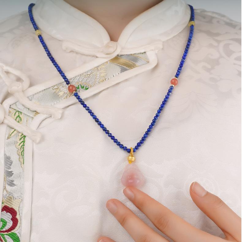 Handmade Tibetan Yinghua Lapis Agate Necklace with 925 Silver and Precious Stones for Spiritual Awakening