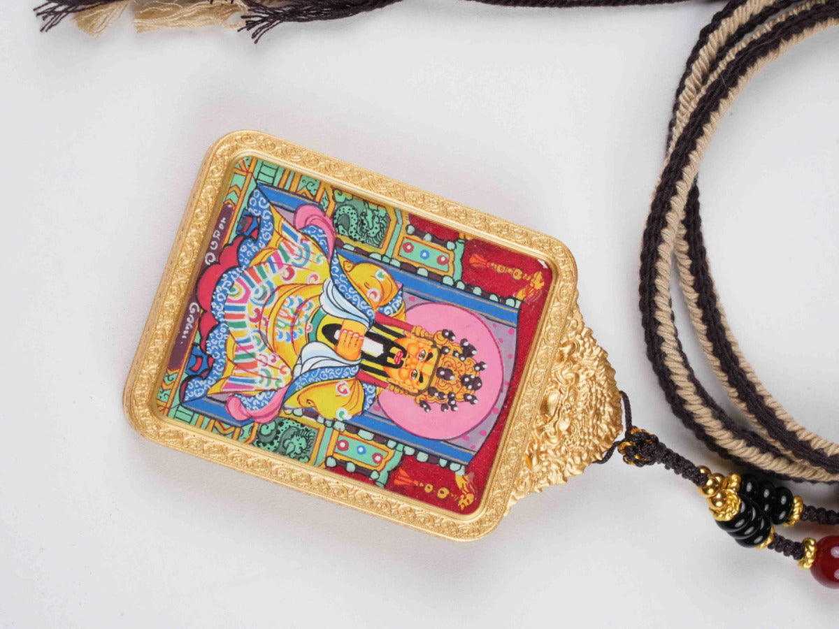 Literary Wealth Deity thangka pendant with mineral pigments - authentic craftsmanship for career success