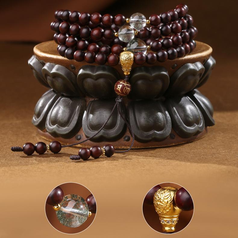 Tibetan Buddhist little leaf sandalwood and green phantom 108 beads mala handcrafted with silver mantra accents