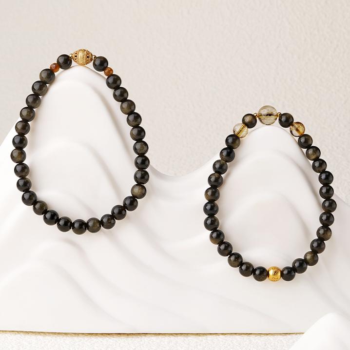 Alt text: Spiritual Golden Obsidian bracelet Liuying design inspired by Tibetan-Buddhist aesthetics