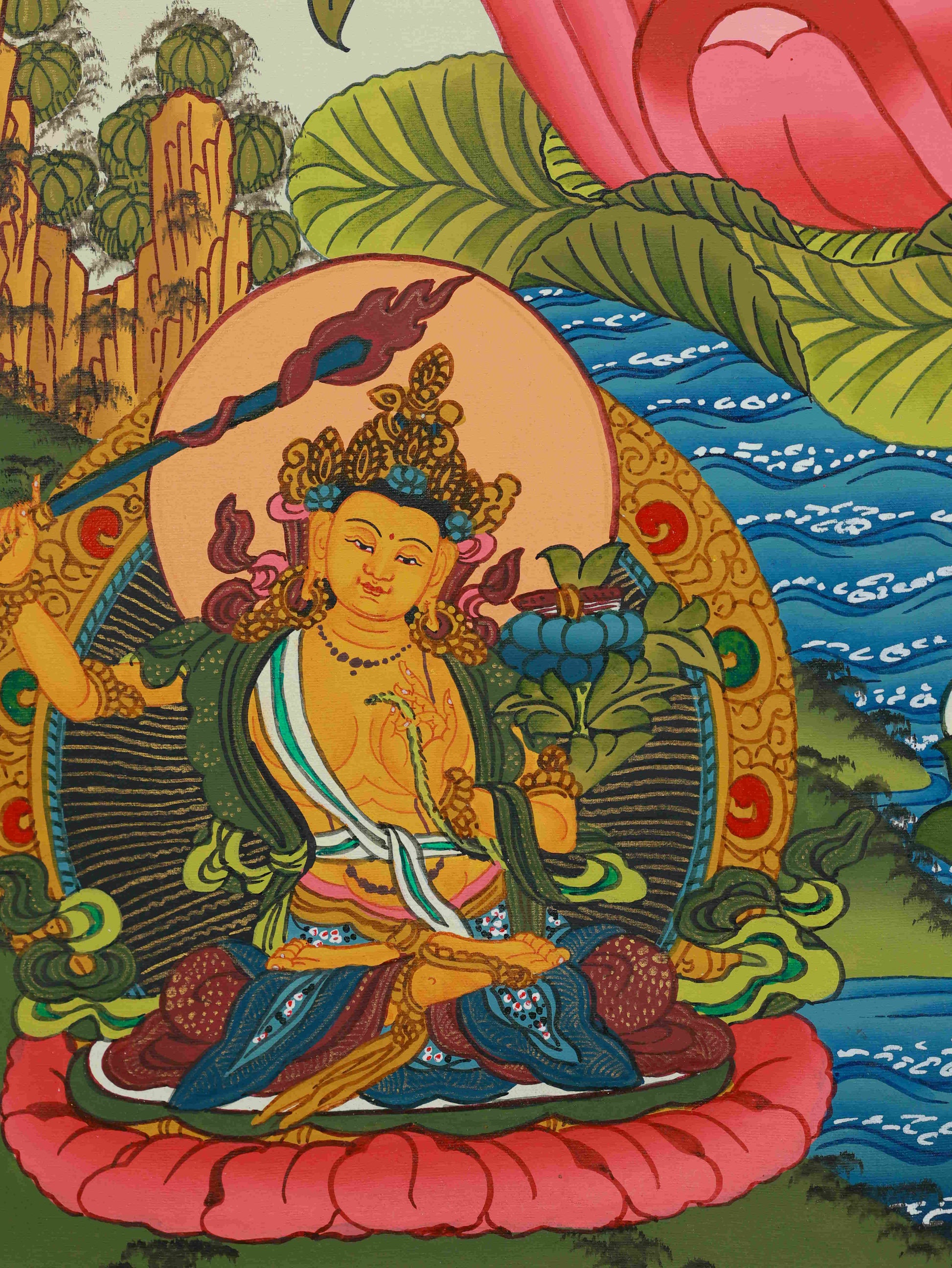 Handmade Tibetan Buddhist Four-Armed Avalokiteshvara Thangka, crafted on canvas with mineral pigments in authentic Tibetan Buddha art style.