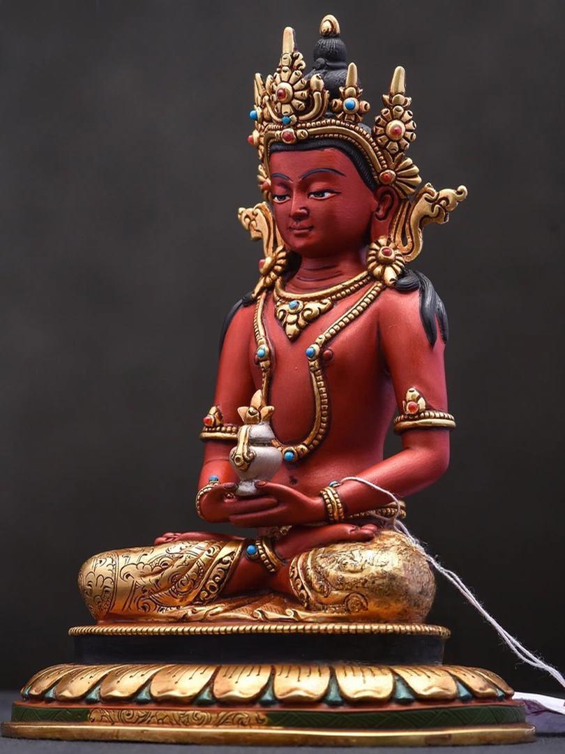 Authentic Tibetan Buddhist Longevity Buddha brass statue, handcrafted and hand-painted with mineral pigments in gilded finish.