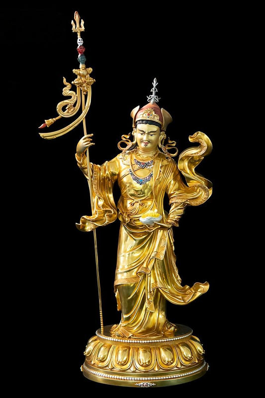 Brass Lotus Born Lama statue, handcrafted with mineral paint, highlighting Buddha statue art and Tibetan Buddhist statues details.