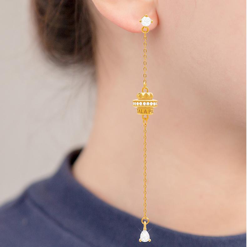 "Tibetan Buddhist-inspired 925 silver earrings with zircon and 18K gold, representing the flow of luck and positive energy."
