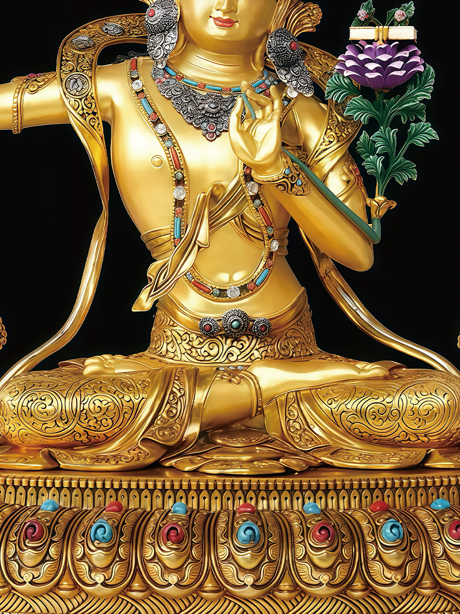 Luxury gold-finish Manjushri for sacred altar placement, blending Tibetan Buddhist statues tradition with divine aesthetics.
