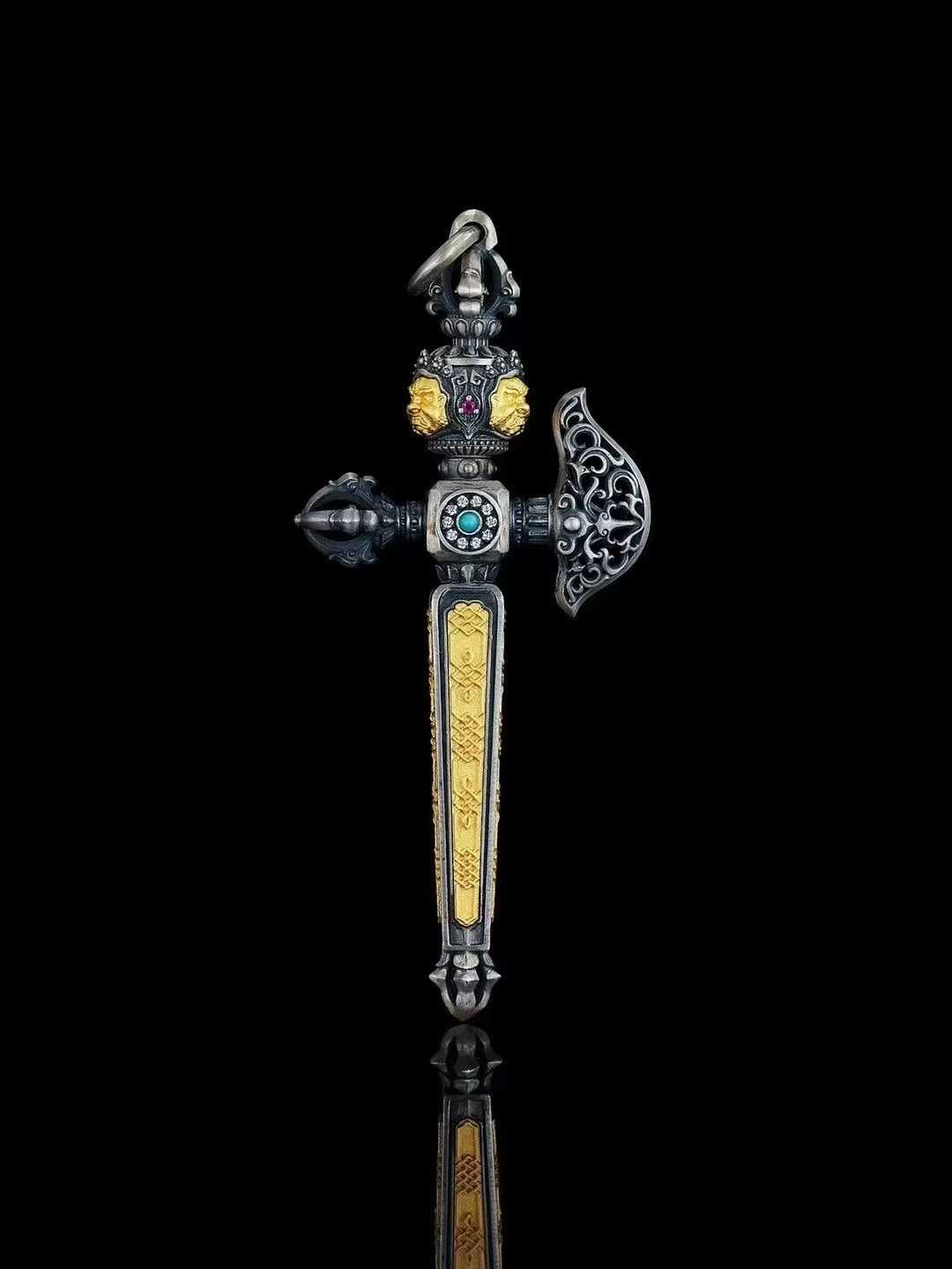 S925 sterling silver Mahakala ritual axe pendant featuring detailed Tibetan Buddhist sacred design.