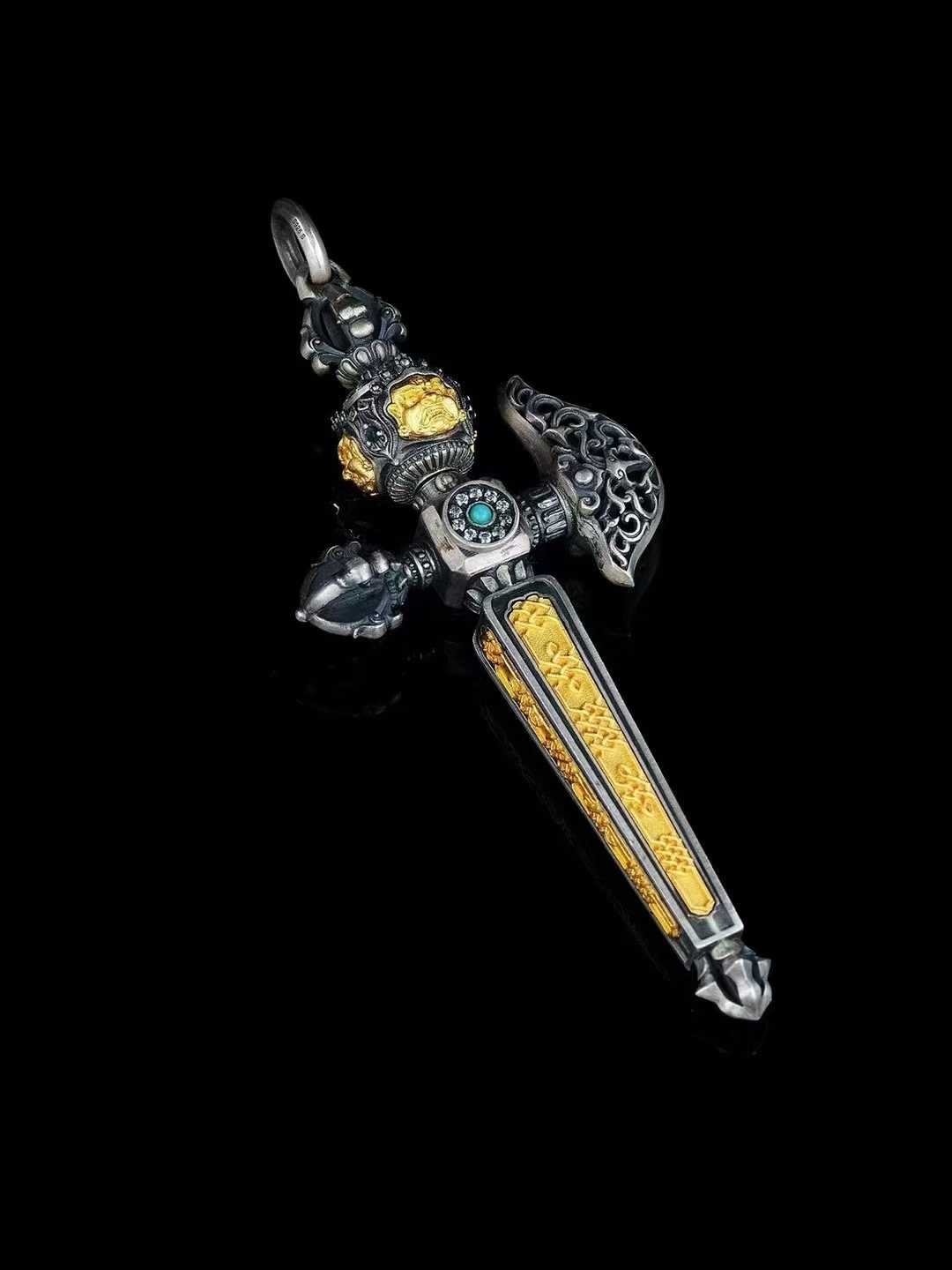 Artisan-made Tibetan Buddhist Mahakala vajra axe talisman pendant with precision silver inlay.