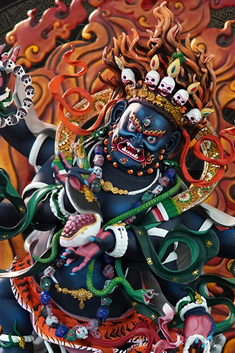 Hand-painted six-armed black Mahakala deity statue, Tibetan Buddhist brass handmade sculpture, sacred Tibetan Buddhist statues design.
