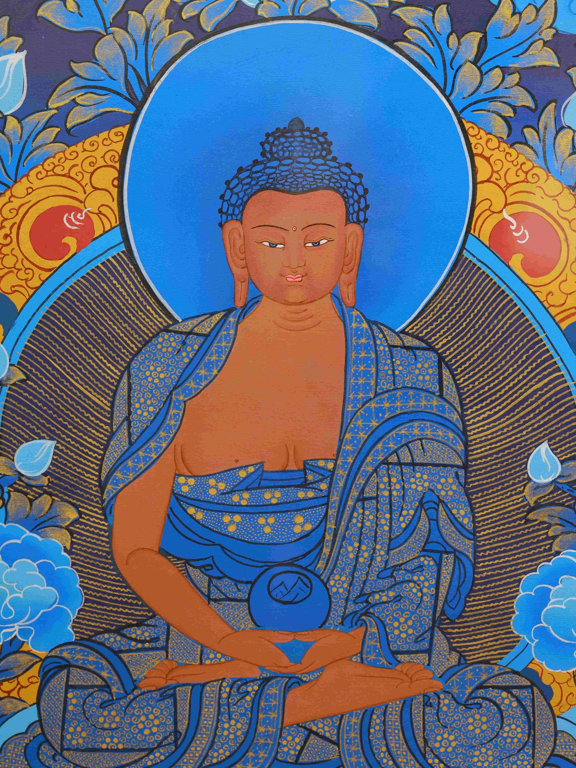 Traditional Tibetan Thangka of Mahavairocana Buddha, hand-painted masterpiece representing supreme enlightenment.