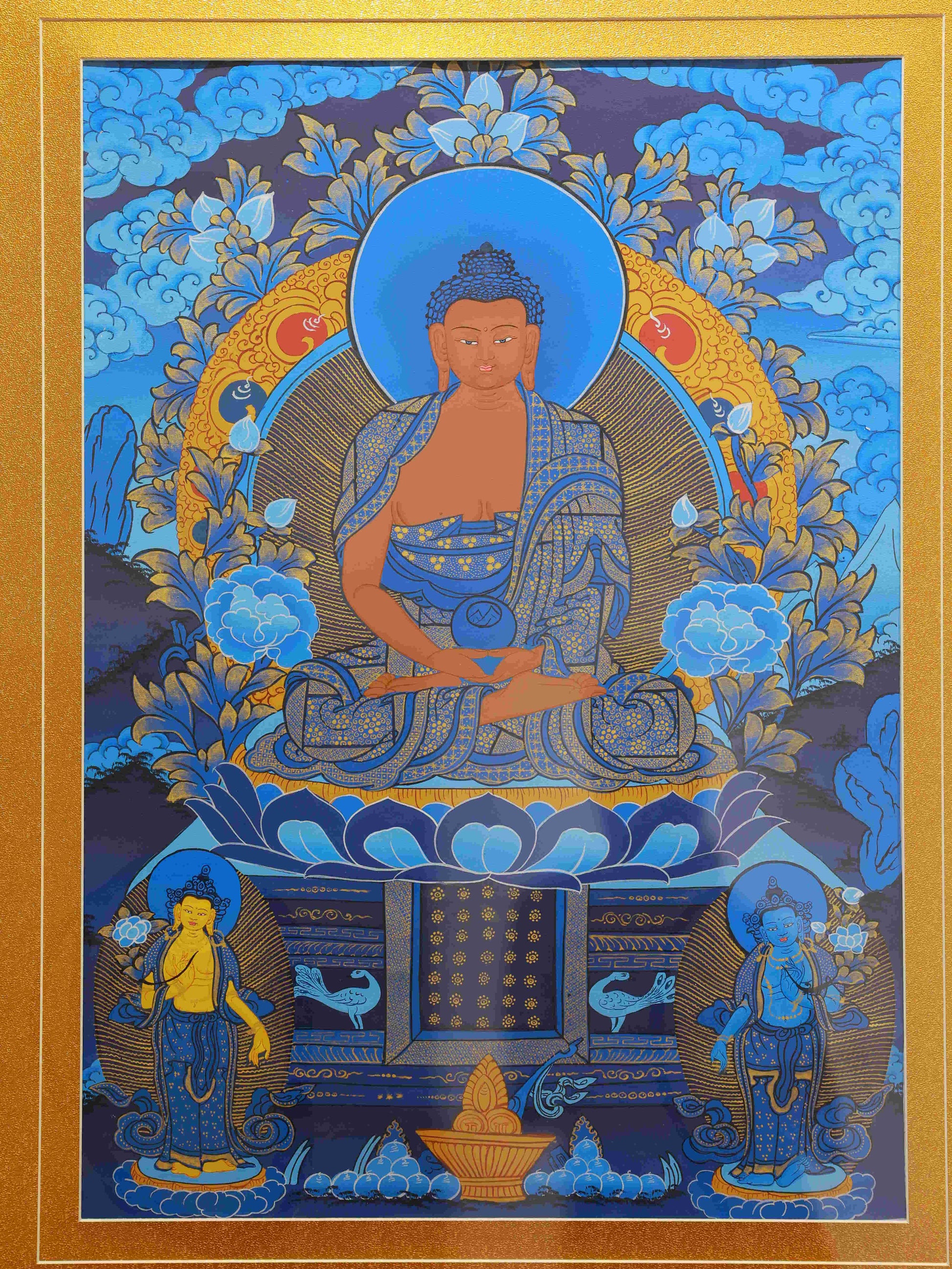Hand-painted Tibetan Thangka of Mahavairocana Buddha on canvas, pure handcraft using mineral pigments.