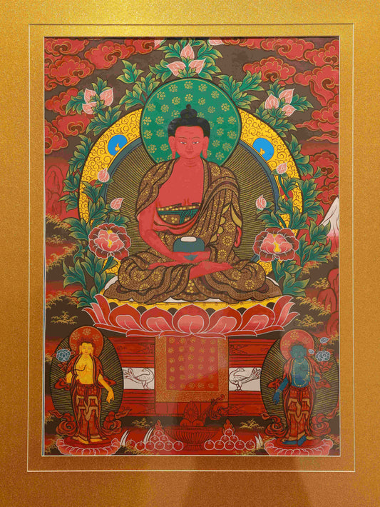 Hand-painted Tibetan Thangka of Mahavairocana Buddha on canvas, pure handcraft thangka painting with mineral pigments.