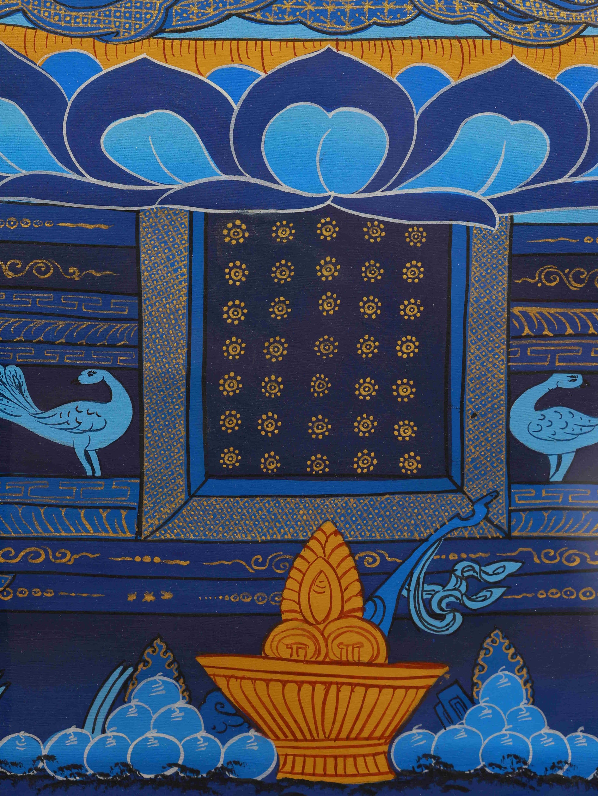 Handmade Tibetan Buddhist Thangka painting of Vairochana Buddha, sacred artwork of light and wisdom.