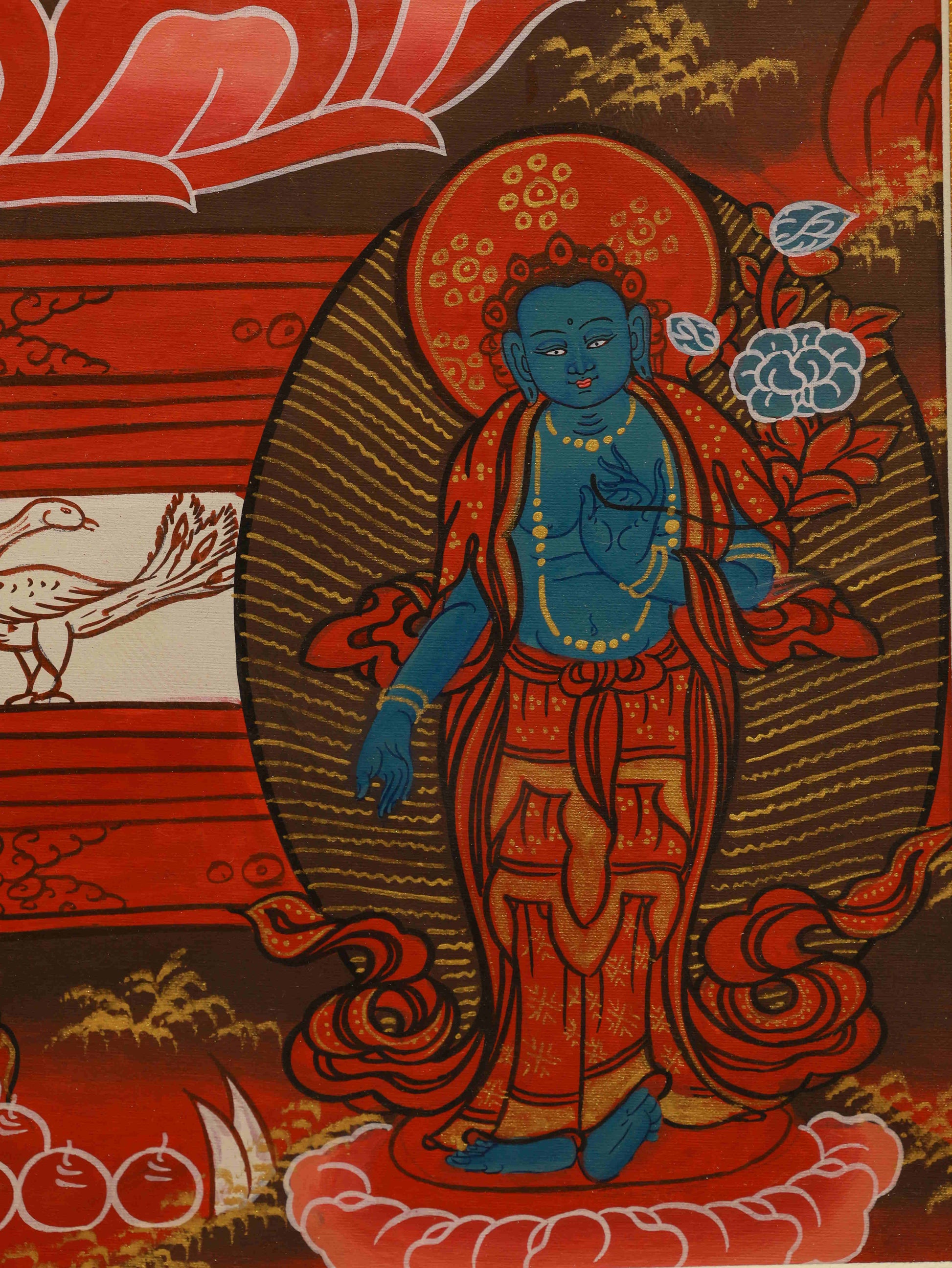 Pure hand-drawn Thangka painting depicting Vairochana Buddha, detailed Tibetan Buddhist art piece.