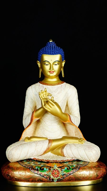 Handcrafted Tibetan Buddhist Maitreya Buddha statue finished with traditional mud-gold and mineral pigments, symbolizing joy and compassion.