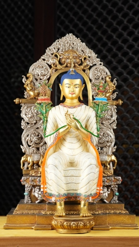 Traditional handmade Maitreya Buddha statue using mud-gold technique, authentic Tibetan Buddhist statues.
