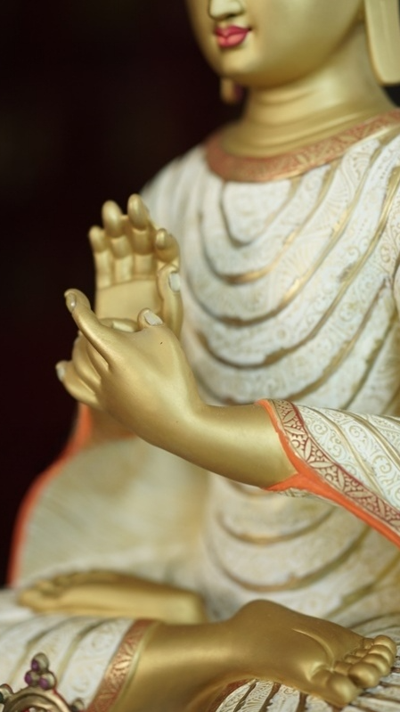 Tibetan Buddhist Maitreya Buddha statue handcrafted with mud-gold detailing, ideal for home shrines and meditation spaces.