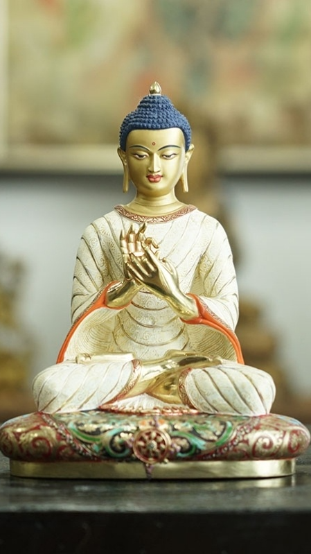Maitreya Buddha statue created as fine Buddha Statue-Art, decorated with traditional mud-gold and mineral colors.