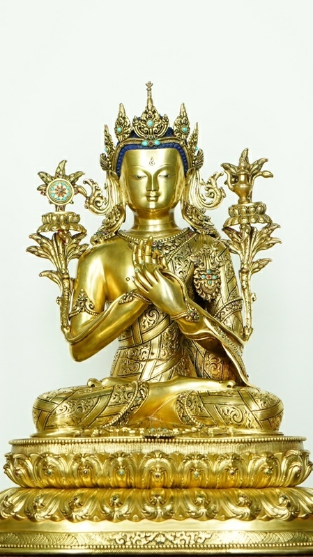 Admire the artful craftsmanship of this Tibetan Buddhist Maitreya Buddha statue, hand-painted and gilded to perfection. A perfect symbol of compassion and peace, it brings warmth and spiritual energy to your home or sacred space.