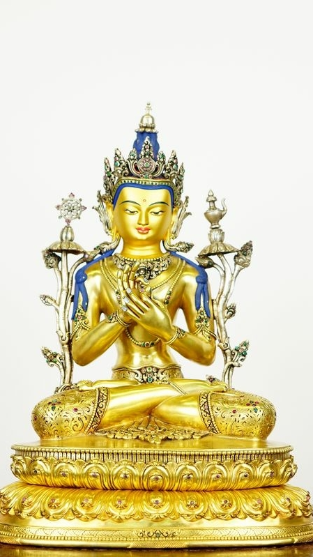 Gilded pure silver Maitreya Buddha statue, blending refined Buddha Statue-Art with Tibetan Buddhist spiritual symbolism.