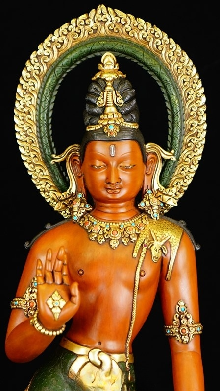 Tibetan Buddhist Maitreya Buddha statue hand-painted with mineral pigments, showcasing authentic Tibetan Buddhist statues craftsmanship.