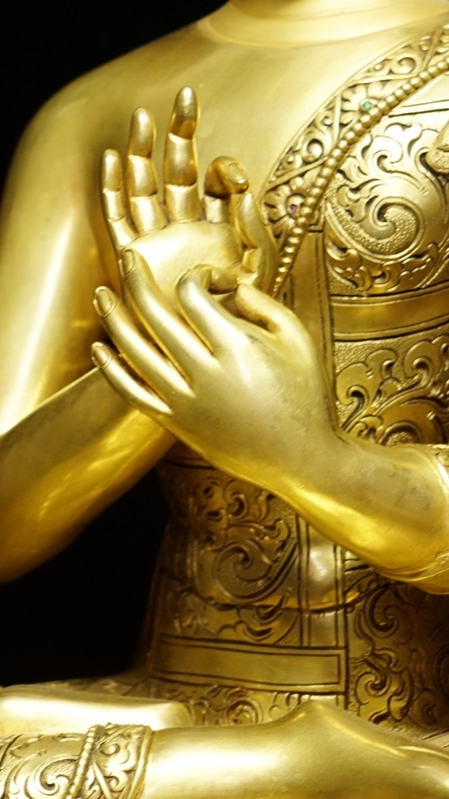 Tibetan Buddhist Maitreya Buddha statue hand-painted with mineral pigments, ideal for meditation spaces and home shrines.