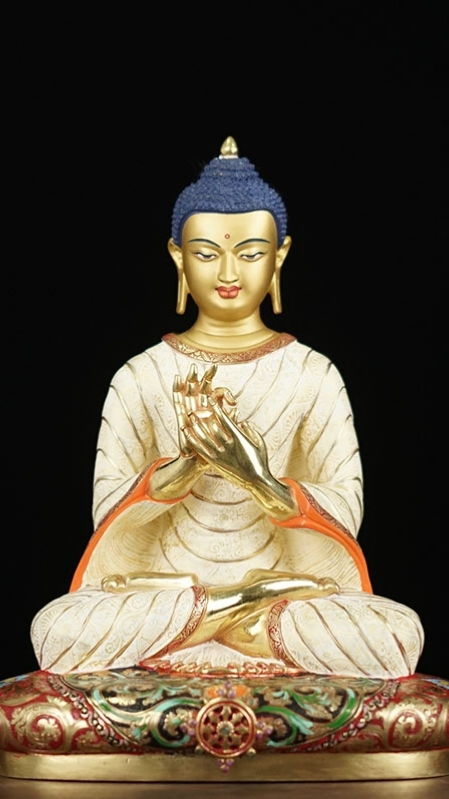 Tibetan Buddhist Maitreya Buddha statue painted with mineral pigments, blending sacred symbolism with refined Buddha Statue-Art.