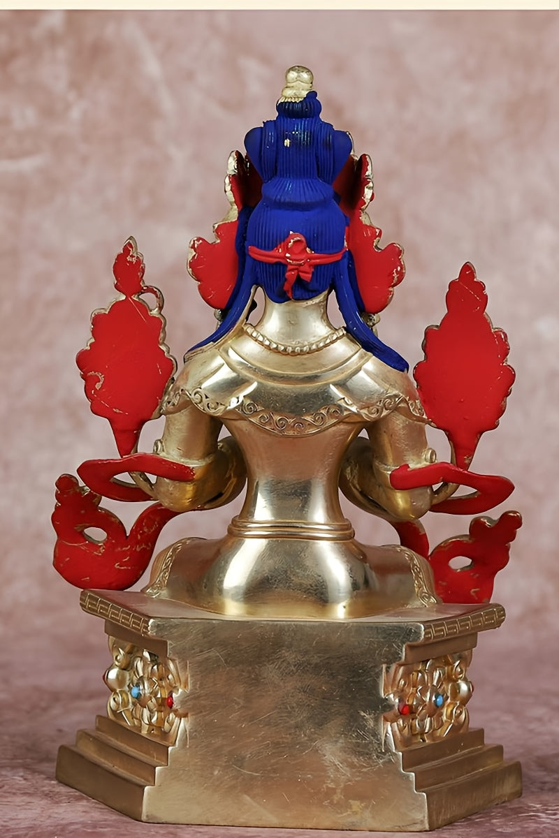 Handcrafted Tibetan Maitreya Buddha statue in brass, featuring intricate details and reflecting the richness of Buddhist culture