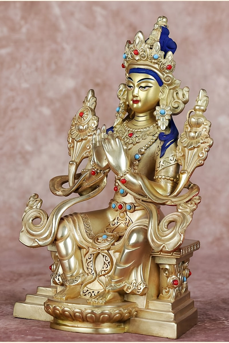 Tibetan Buddhist Maitreya Buddha statue in yellow brass, hand-painted with meditation symbolism, embodying Buddhist teachings.