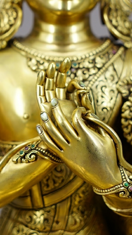 A stunning Tibetan Buddhist Maitreya Buddha statue, expertly handcrafted with mineral pigments and gilding. This piece blends traditional Tibetan art with spiritual symbolism, making it an ideal addition to any meditation or healing space.