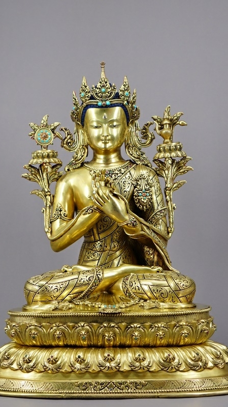 Elevate your sacred space with this handmade Tibetan Buddhist Maitreya Buddha statue, crafted with a gilded finish and intricate hand-painted details. A true piece of spiritual art, this Buddha statue symbolizes hope, joy, and compassion.