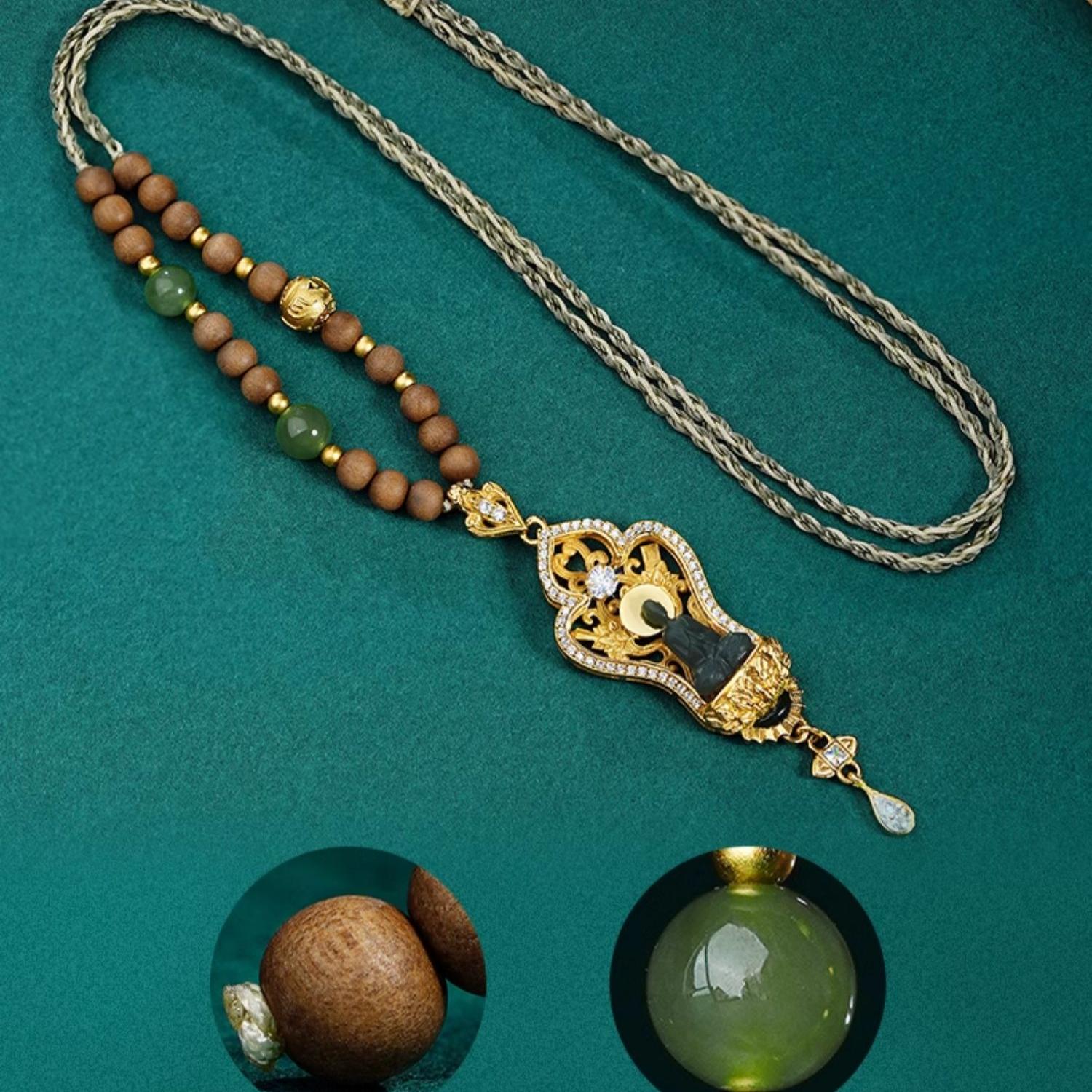 Tibetan Buddhist Ta Qing Stone Pendant with Handcrafted 925 Silver Frame