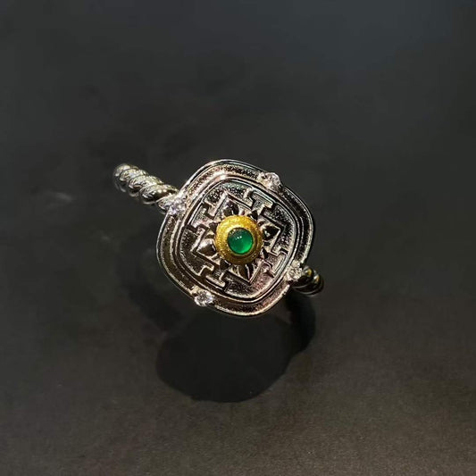 Handcrafted Tibetan Buddhist mandala ring made of S925 silver with fine inlay craftsmanship.