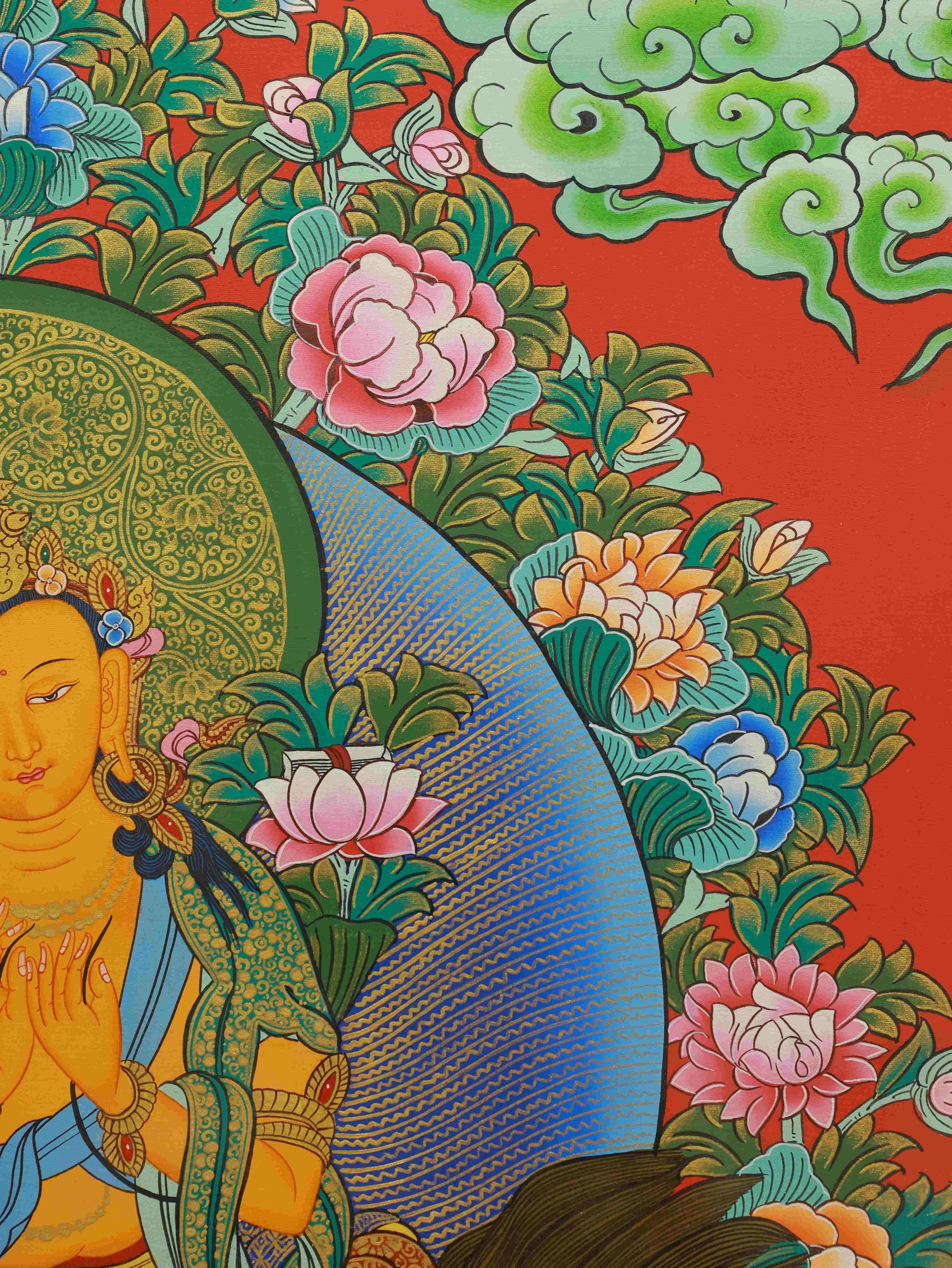 Authentic Manjushri Thangka, handcrafted Tibetan Buddhist art symbolizing pure wisdom and clarity of mind.