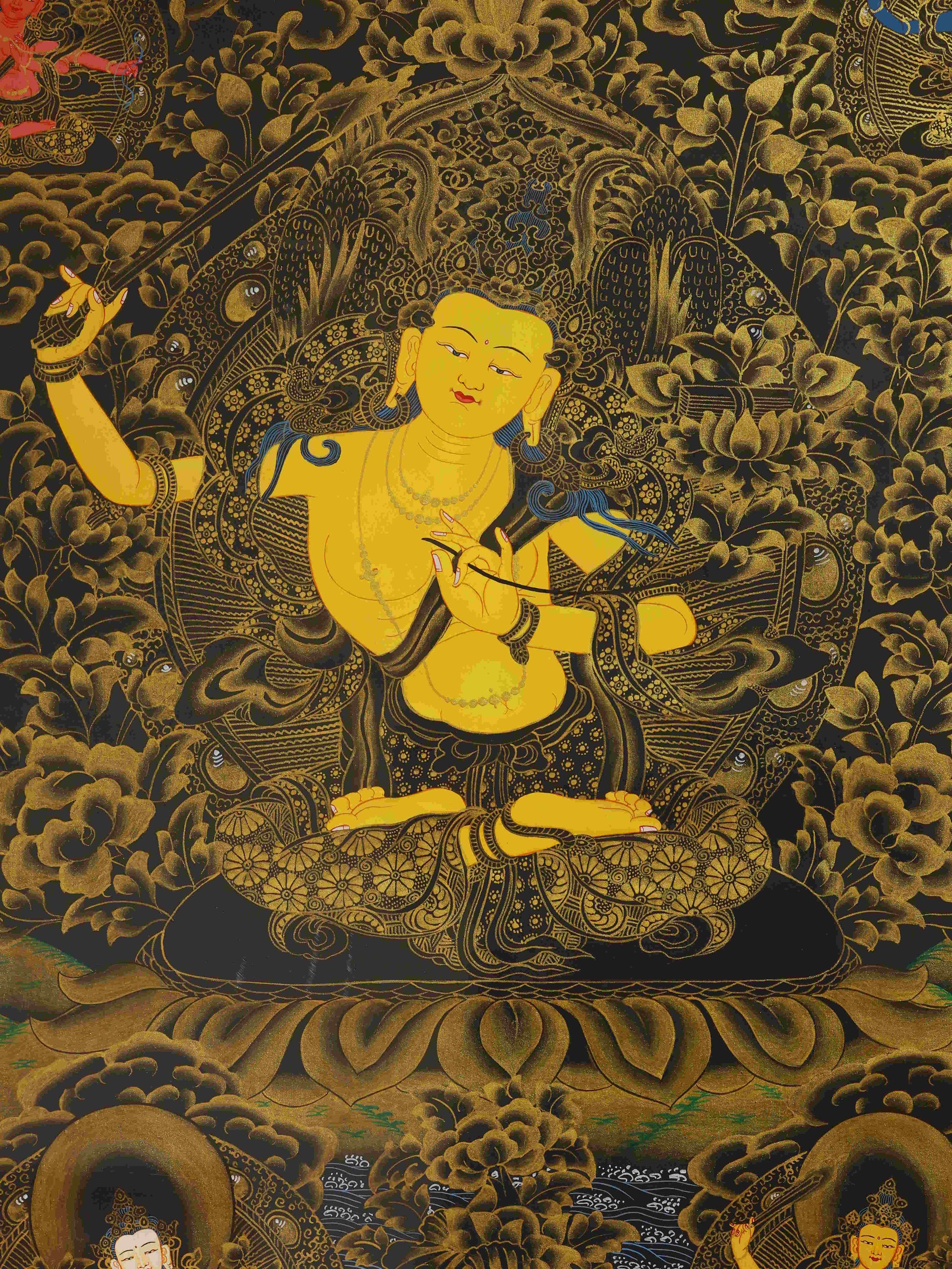Golden Manjushri Bodhisattva Thangka, a Tibetan Buddhist artwork symbolizing enlightenment and insight, handcrafted with precision using mineral pigments.