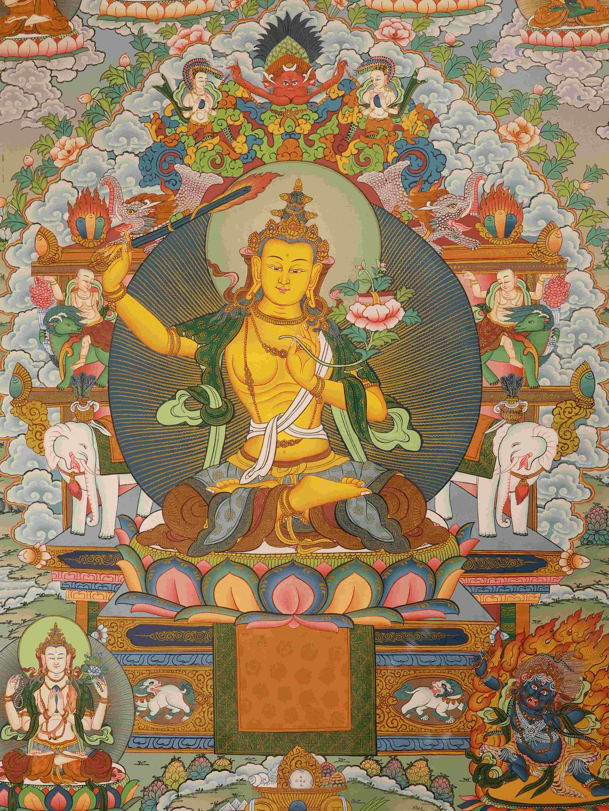 Tibetan Manjushri Bodhisattva Thangka, detailed hand-painted Buddha art on thangka canvas